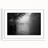 Abstract art print of New Orleans scenery in muted gray and blue tones on a white framed poster.