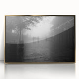 Framed acrylic print of a mid-century modernist New Orleans skyline in muted gold and blue tones.