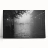 Black and white photo of New Orleans street on stretched canvas, ideal for kitchen wall art.