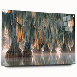 Abstract art print of Louisiana scenery in muted blues and greens on acrylic glass, ideal for dining room decor.