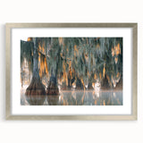 Extra large abstract art print of Louisiana scenery in silver frame, textured with muted earth tones.