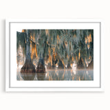 Framed abstract landscape of Louisiana in muted earth tones, ideal for dining room decor.