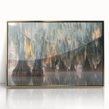 Acrylic print of a Louisiana landscape in mid-century modernist style with muted earth tones.