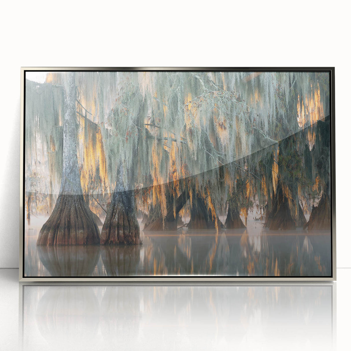 Mid-century modernist Louisiana landscape in muted earth tones on a framed acrylic print, ideal for nursery wall art.