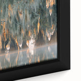 Extra large framed canvas featuring a textured depiction of a Louisiana scenery in black with colorful art accents.