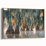 Framed canvas depicting a vintage-style Louisiana landscape in muted gold and black tones, ideal for bedroom wall art.