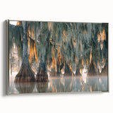 Framed canvas of a vintage Louisiana landscape painting with colorful art on a black background, ideal for living room decor.