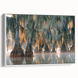 Vintage poster art of Louisiana scenery on extra large framed canvas, with colorful art on a black background.