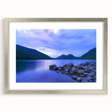 Textured abstract art print depicting Acadia, Maine, in muted earth tones on a framed silver mat, ideal for bedroom art.