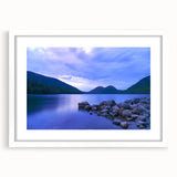 Abstract art print of Acadia, Maine, in muted blues and greens on a framed white canvas, ideal for dining room decor.