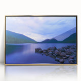 Framed acrylic print of Acadia National Park with muted earth tones, in a mid-century modernist style.