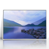 Acadia National Park scenery in art deco style on white framed acrylic, with serene blue and green tones.