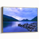 Framed canvas featuring a serene Acadia landscape in muted earth tones, ideal for bedroom wall art.