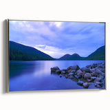 Framed canvas featuring a landscape painting of Acadia, Maine, with muted earth tones and a vintage poster style.