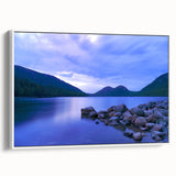 Vintage poster art of Acadia, Maine, in colorful hues on a large framed canvas, ideal for living room decor.