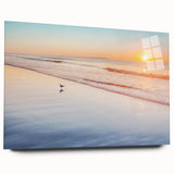 Large abstract wall art of Maine scenery in muted blues and greens on acrylic glass, ideal for bedroom or dining room decor.