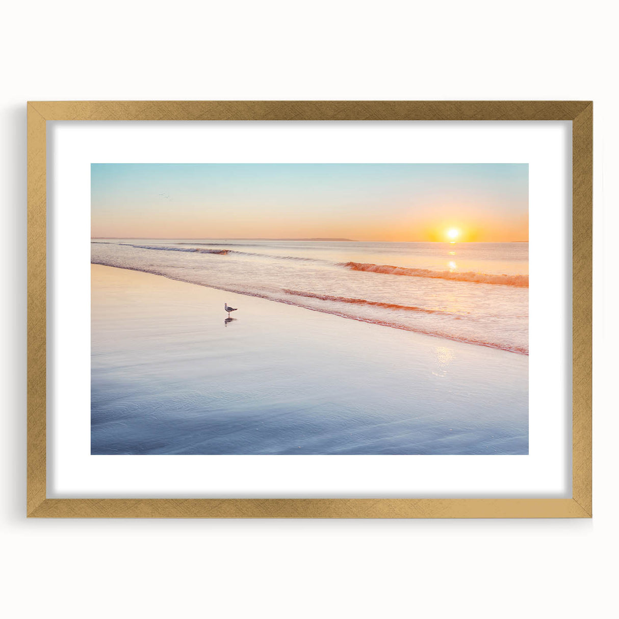 Extra large abstract art print of Maine scenery in textured style, with gold frame, ideal for living room ambiance.