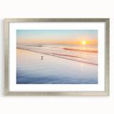 Textured abstract art print of a Maine landscape in muted earth tones, framed in silver, ideal for bedroom decor.