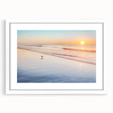 Abstract art print of a serene Maine landscape in soft blue and green hues on a white framed canvas.