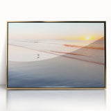 Acrylic print of a serene Maine landscape in soft earth tones, framed in gold, suitable for modern art wall decor.