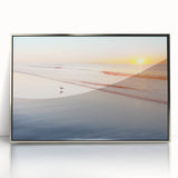 Mid-century modernist art depicting Maine scenery in muted earth tones on a framed acrylic print.