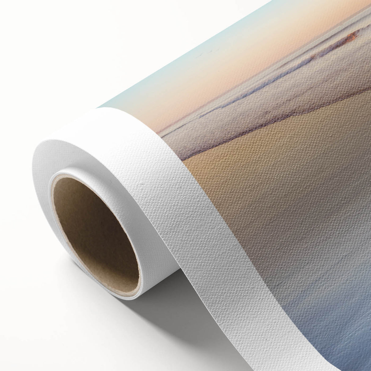 Art deco poster featuring a serene Maine landscape in muted green and blue tones on rolled canvas.