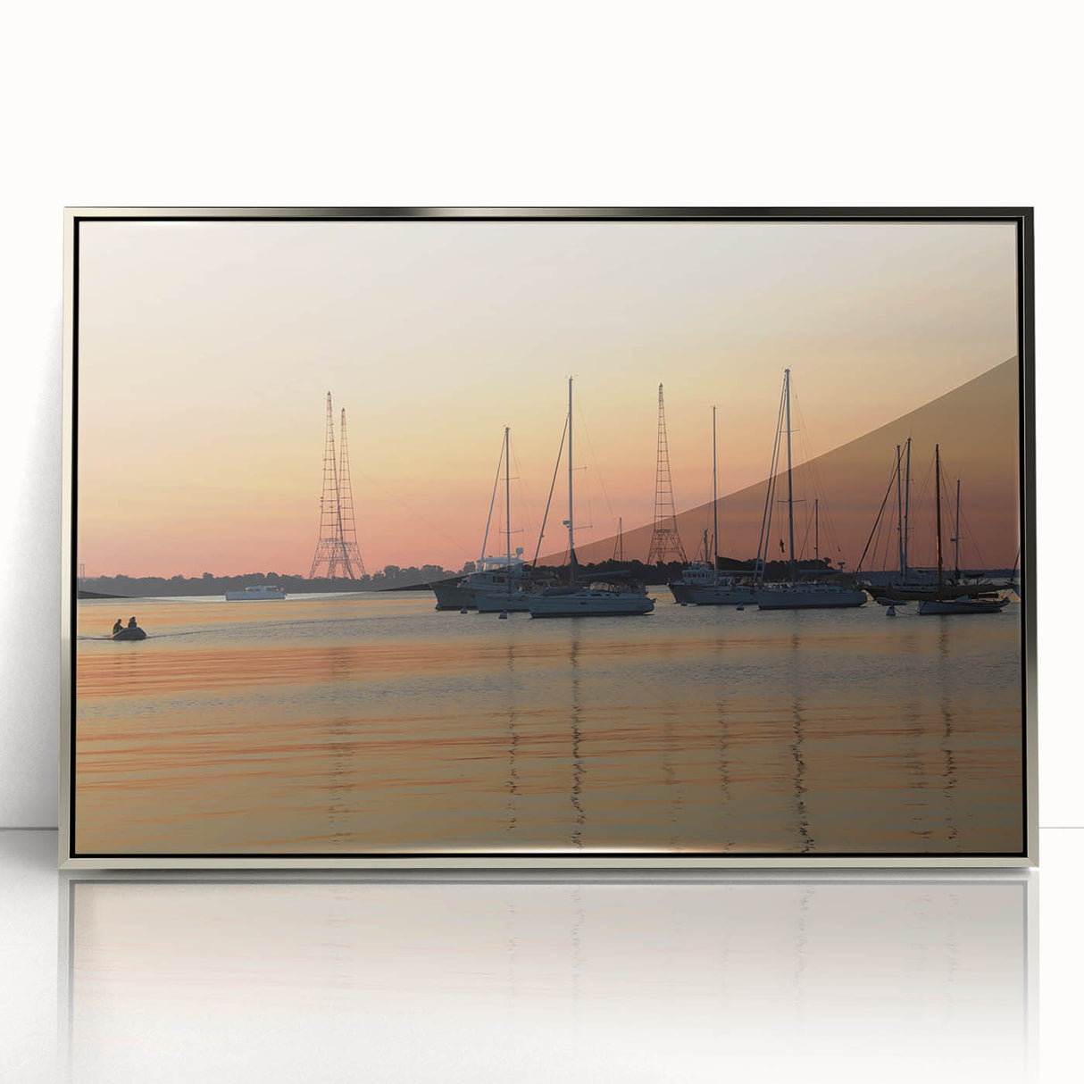 Mid-century modernist art depicting the Annapolis skyline in soft pastel shades on a framed acrylic print.