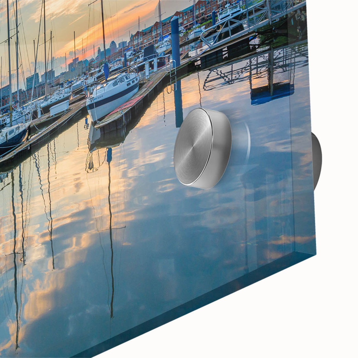 Large abstract depiction of Baltimore skyline in muted blue and gray tones on acrylic glass, ideal for dining room art.