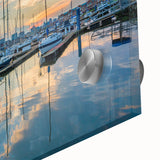 Large abstract depiction of Baltimore skyline in muted blue and gray tones on acrylic glass, ideal for dining room art.