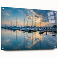 Acrylic print of the Baltimore skyline in muted blue and gray tones, suitable for dining room decor.