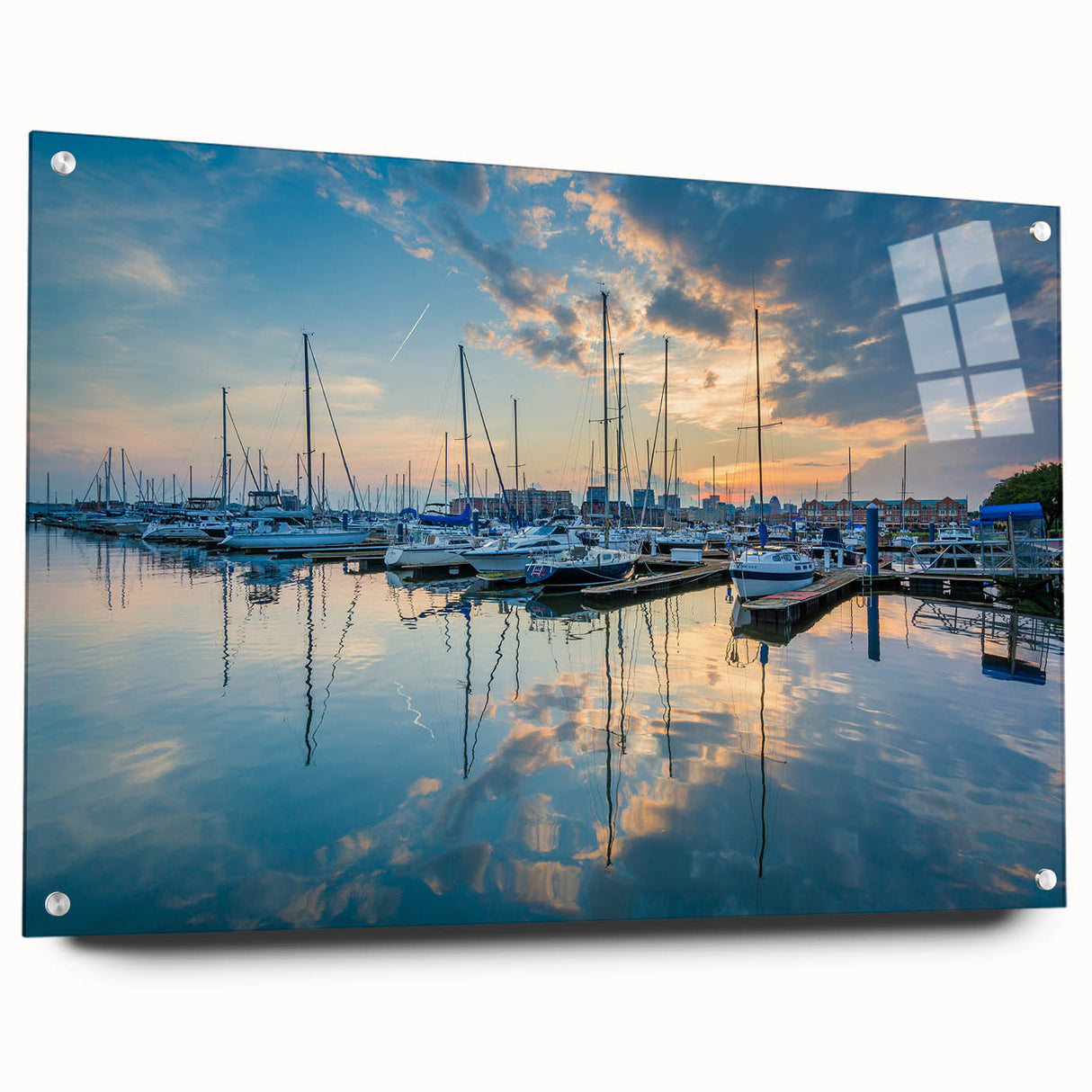 Acrylic print of the Baltimore skyline in muted blue and gray tones, suitable for dining room decor.