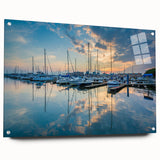 Acrylic print of the Baltimore skyline in muted blue and gray tones, suitable for dining room decor.