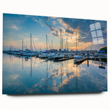 Acrylic print of a large abstract depiction of the Baltimore skyline in cool blue and gray tones.