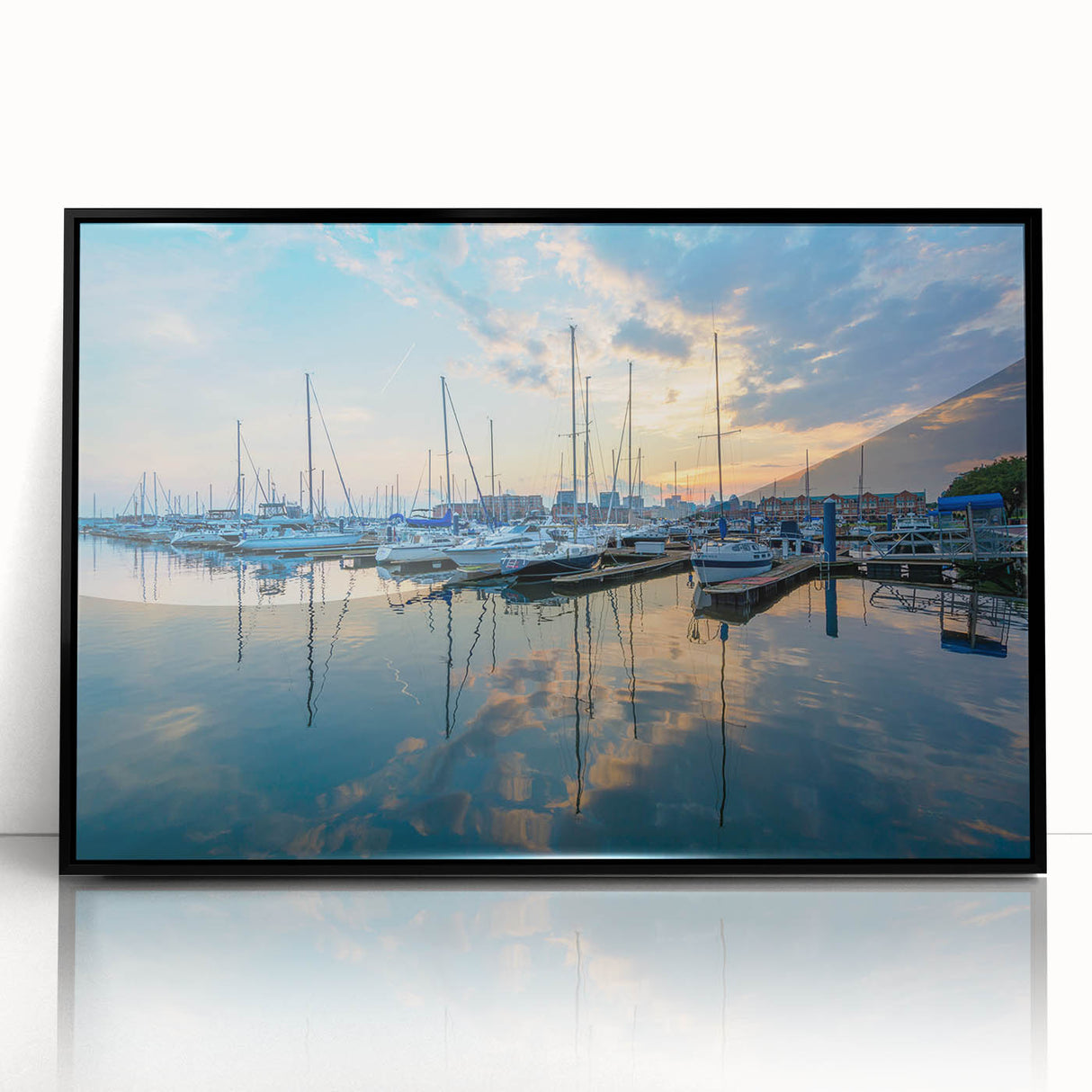 Large abstract wall art depicting Baltimore skyline in muted gray and blue tones on a framed acrylic print.