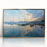 Acrylic print of Baltimore skyline in gold and black hues, framed in mid-century modernist style.