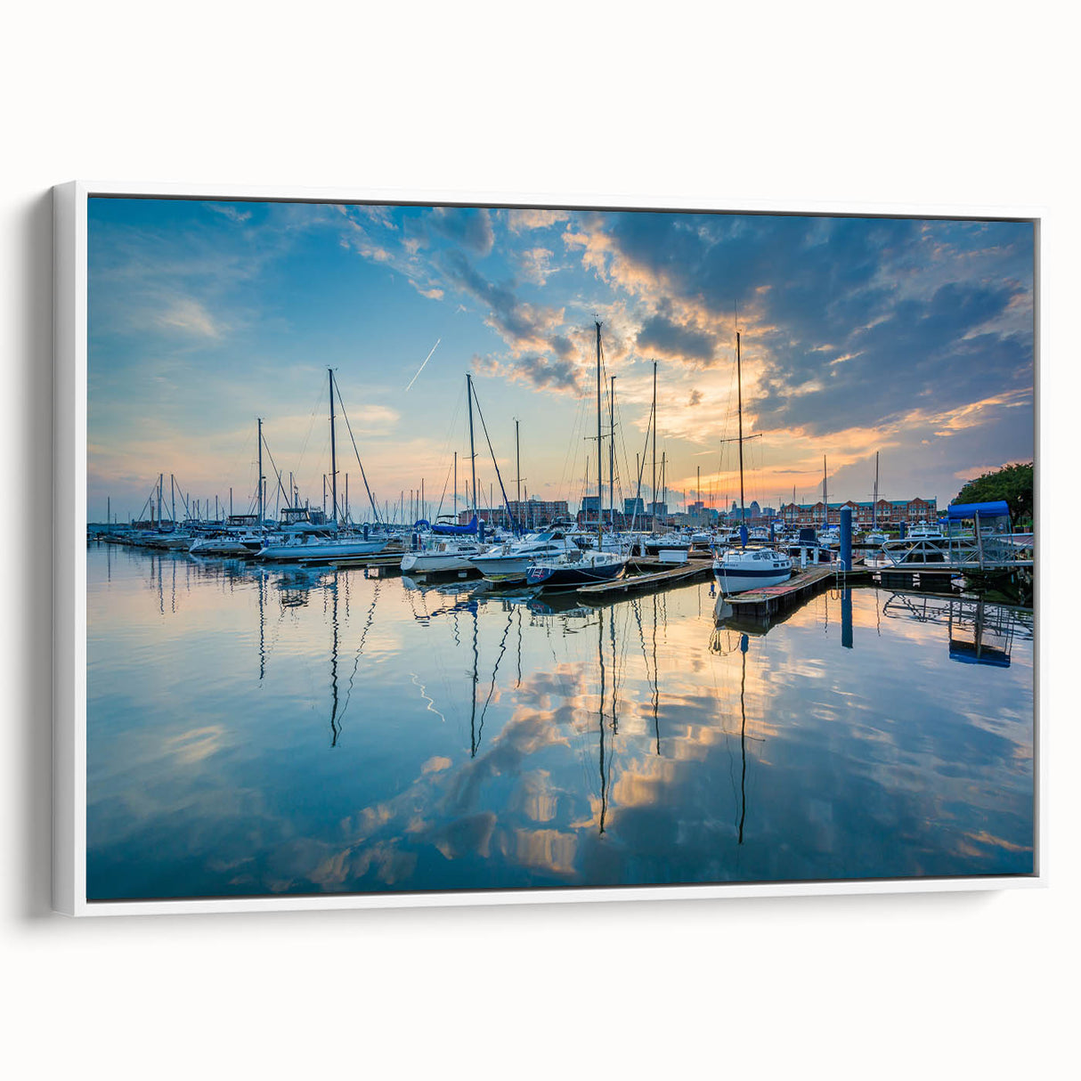 Vintage poster art of Baltimore skyline in vibrant colors on a large framed canvas, ideal for living room decor.