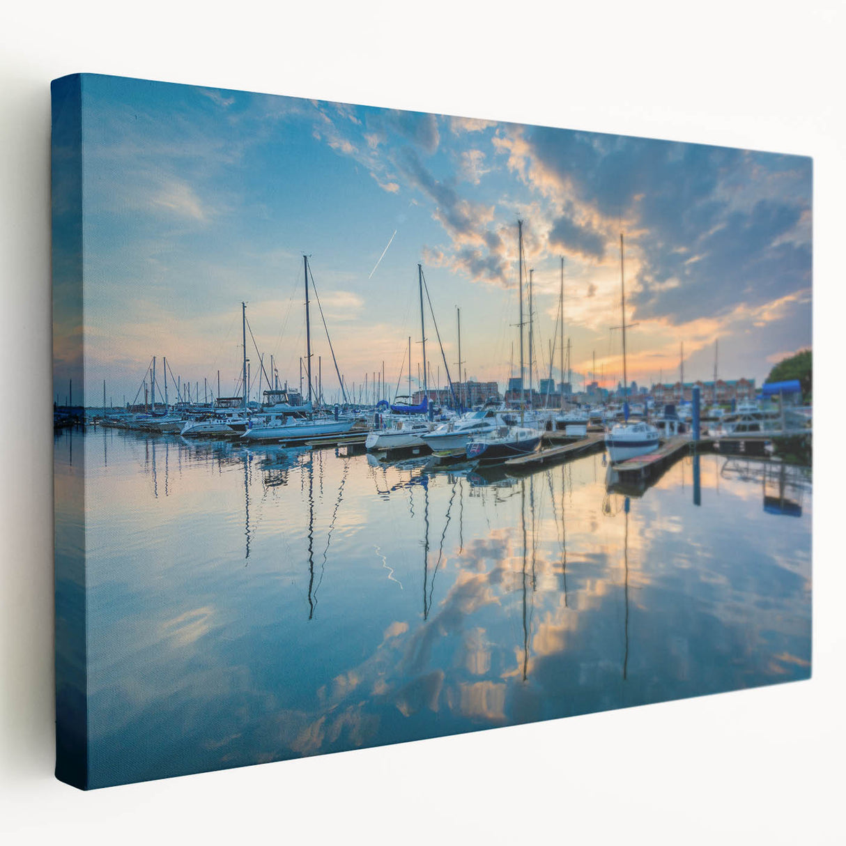 Side view of a stretched canvas featuring a detailed Baltimore skyline in muted blue and gray tones.
