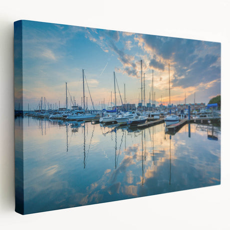 Side view of a stretched canvas featuring a detailed Baltimore skyline in muted blue and gray tones.