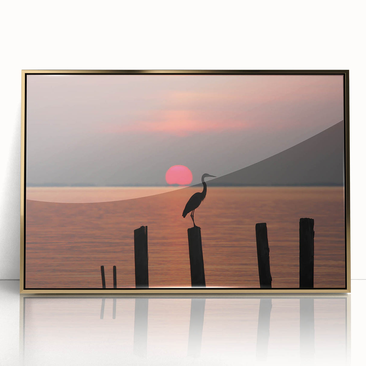 Mid-century modernist style large art print of Chesapeake Bay, Maryland, in gold framed acrylic, suitable for modern decor.