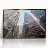 Framed acrylic print of Boston skyline in muted gold and blue tones, ideal for modern art wall decor.
