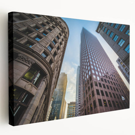 Panoramic view of Boston skyline in muted gray and blue tones on stretched canvas, ideal for kitchen wall art.