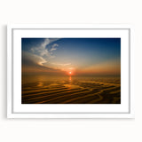 Abstract art print of Massachusetts Cape scenery in muted blue and green tones, framed with a white mat.