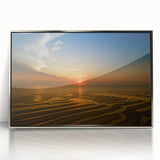 Mid-century modernist art depicting Massachusetts Cape scenery in muted earth tones on a silver-framed acrylic print.