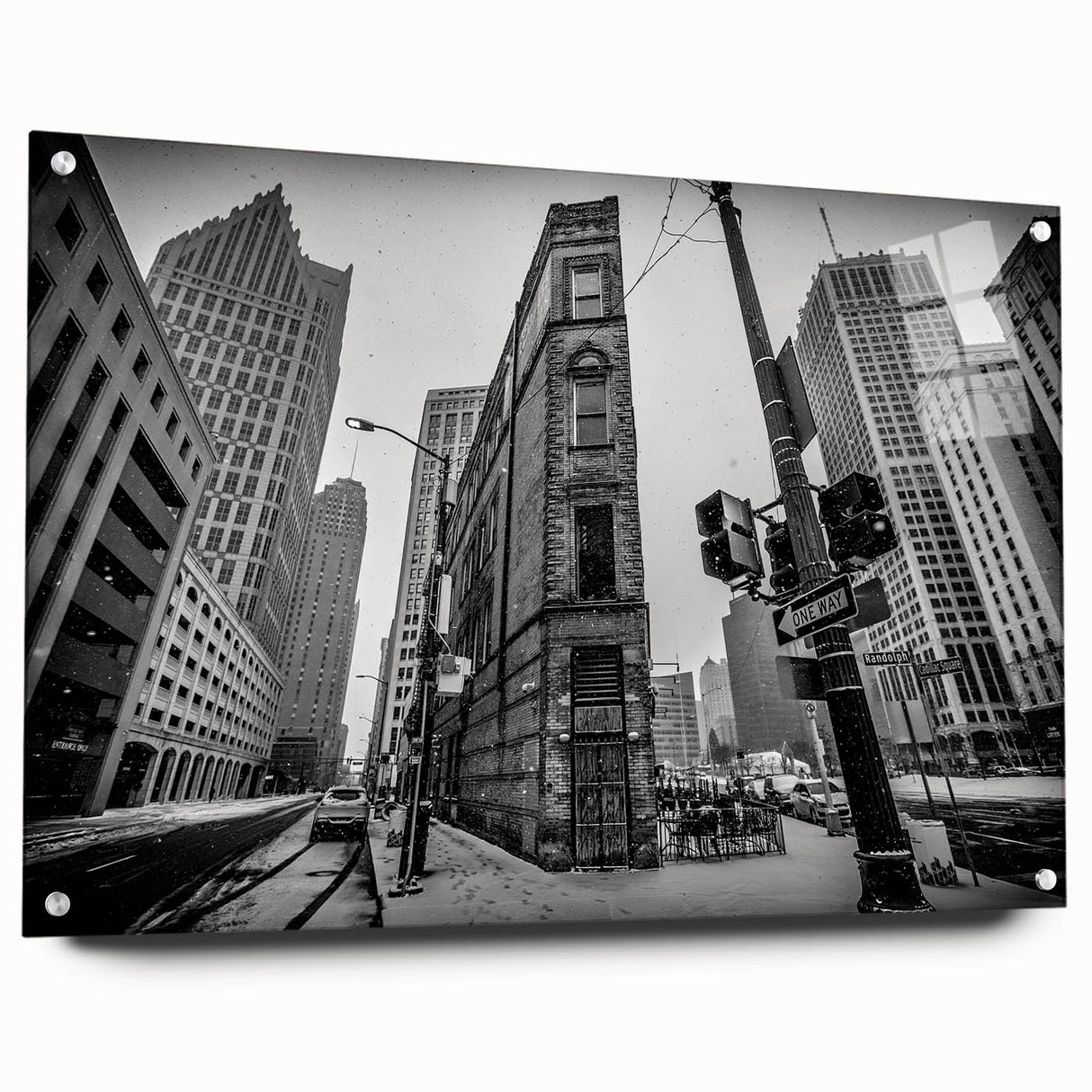 Acrylic print of a large abstract depiction of Detroit's skyline in cool blue and gray tones.