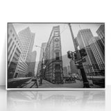 Art Deco style poster of Detroit skyline in muted gray and blue tones on framed acrylic.