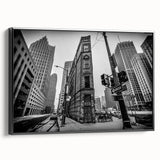 Framed canvas of black and white Detroit landscape, ideal for bedroom decor with a vintage poster art style.