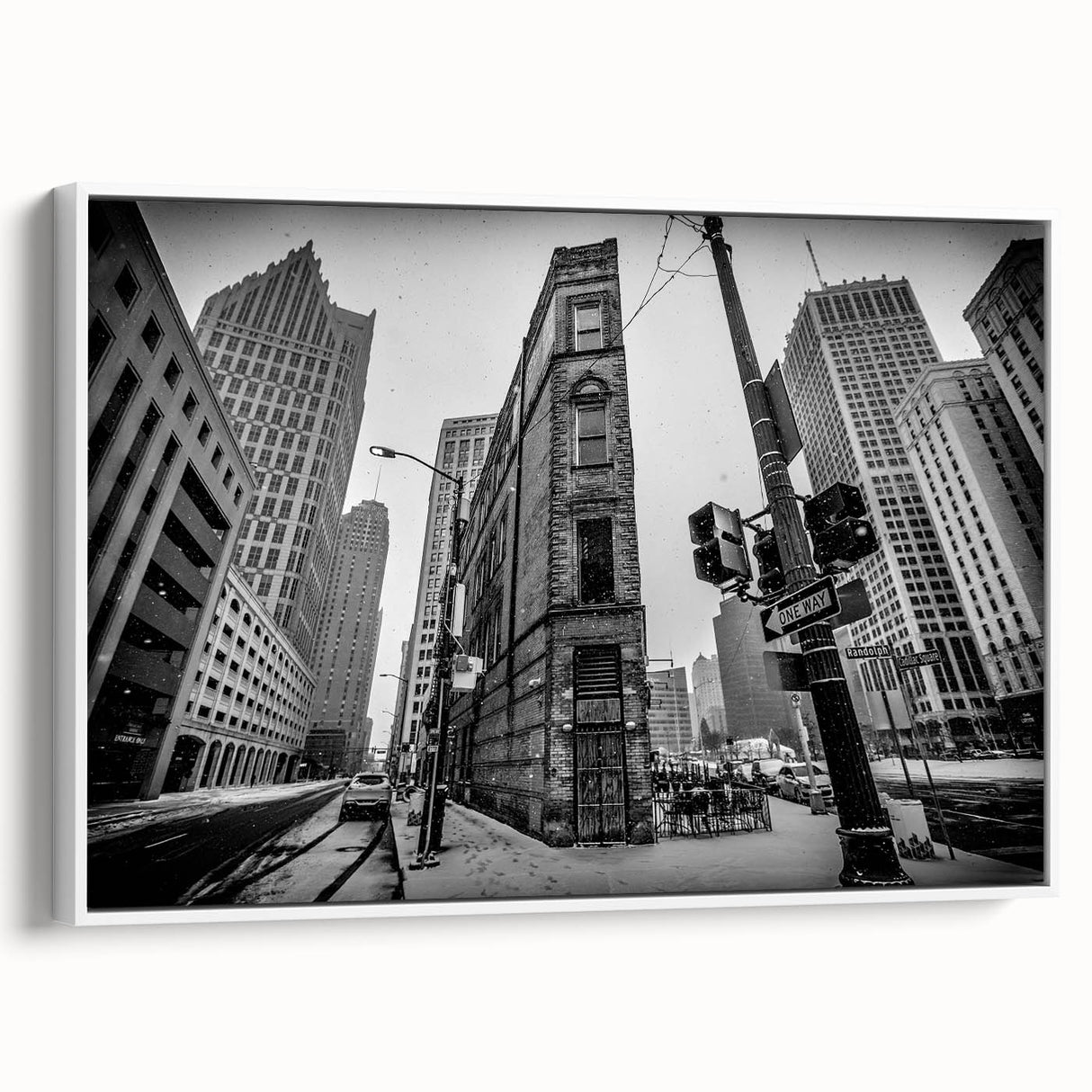 Vintage poster art of Detroit skyline in colorful hues on a large framed canvas, suitable for living room decor.