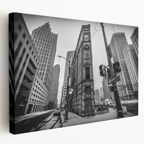 Large stretched canvas featuring a vibrant depiction of the Detroit skyline, ideal for kitchen wall art.