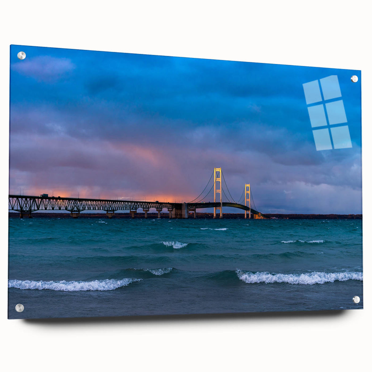 Acrylic print of a large abstract depiction of Michigan's Upper Peninsula in cool blue and green tones.