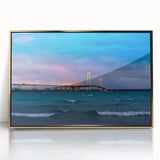 Acrylic print of a serene Michigan Upper Peninsula landscape in subdued earth tones, framed in gold.